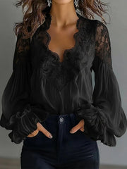 Women'S 2026 Lace Patchwork Pleated Shirt with Puff Sleeves