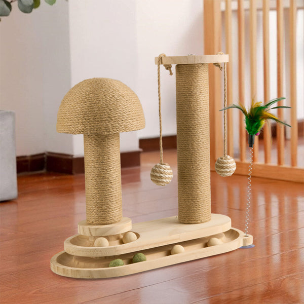 Solid Wood Cat Scratch Pole Cat Turntable, Cat Spring Teasing Stick, Cat Scratch Board, Durable and Wear-resistant Cat Toys, Sisal Cat Climbing Frame, Bell Ball, Oval Mushroom Turntable