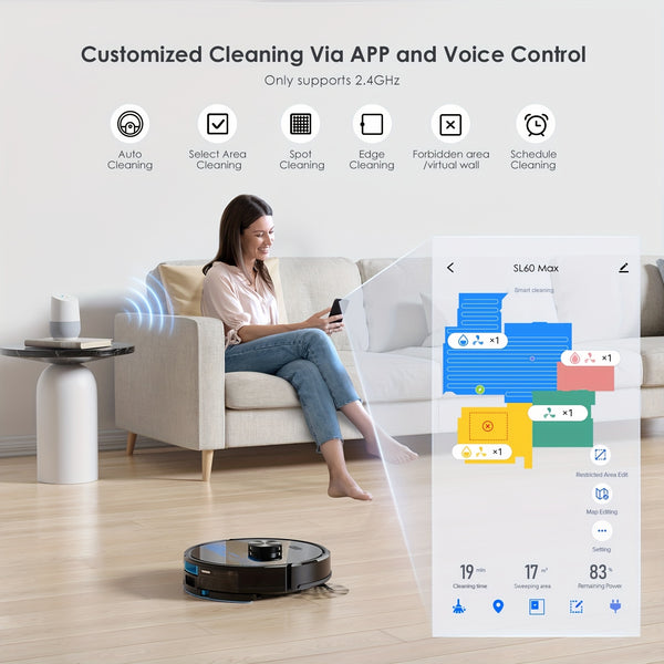 Lubluelu SL60 MAX Robot Vacuum Features a 2.5L Self-Emptying Station, Providing 60 Days of Hands-Free Cleaning. It Boasts a Powerful 4500 Pa Suction, Functions As Both a Vacuum Cleaner And Mop, Includes 24 No-Go Zones
