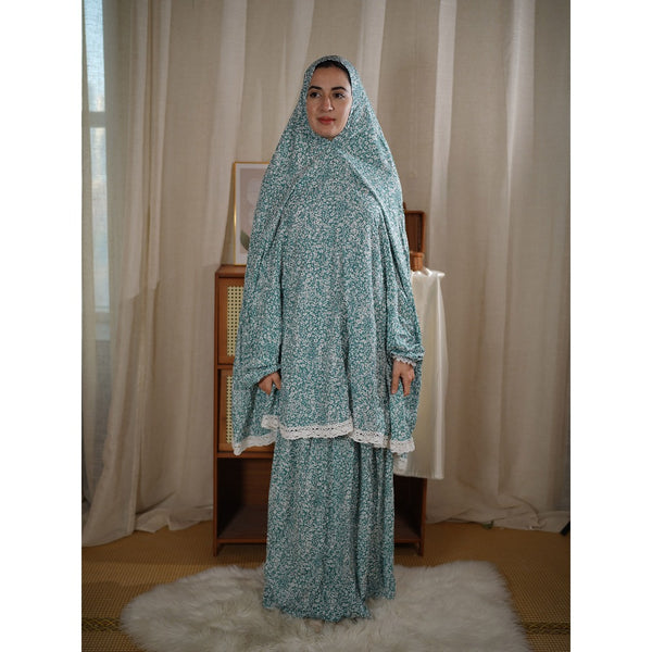 Traditional Muslim Women's Printed Hooded Prayer Gown Two-Piece Set - Upper Skirt 80cm, Lower Skirt 105cm