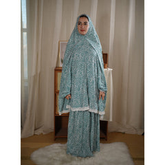 Traditional Muslim Women's Printed Hooded Prayer Gown Two-Piece Set - Upper Skirt 80cm, Lower Skirt 105cm