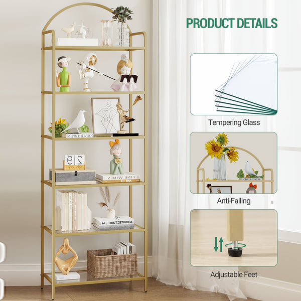6 Tier Bookcase Bookshelf, Tempered Glass Bookshelves, Slim Shelving Unit for Bedroom, Bathroom, Home Office, Steel Frame, Golden