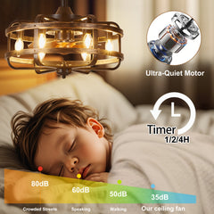 Farmhouse Ceiling Fans with Lights, 3 Speeds Flush Mount Rustic Caged Ceiling Fan Light, Timing, Quiet Reversible Motor, E14*6 Base Industrial Fandelier Ceiling Fans for Indoor Bedroom, Kitchen