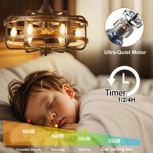 Farmhouse Ceiling Fans with Lights, 3 Speeds Flush Mount Rustic Caged Ceiling Fan Light, Timing, Quiet Reversible Motor, E14*6 Base Industrial Fandelier Ceiling Fans for Indoor Bedroom, Kitchen