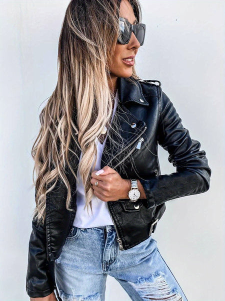 2025 New Cool Biker Style Women's Short Zip Faux PU Leather Jacket - Spring Autumn Sizes S-XL