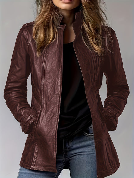 PU Spring, Summer, And Autumn Casual Pocket Slim Mid-Length Cardigan Jacket, Retro Long-Sleeved Motorcycle Jacket, Stand-Up Collar Style, Women'S Zippered Cardigan, Long-Sleeved Top, Ideal for Outings, Commuting, And Parties