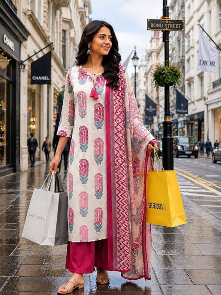 TeamWear* Women'S Cotton Embroidered Printed Kurta with palazzo & Dupatta Set with lace