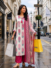 TeamWear* Women'S Cotton Embroidered Printed Kurta with palazzo & Dupatta Set with lace