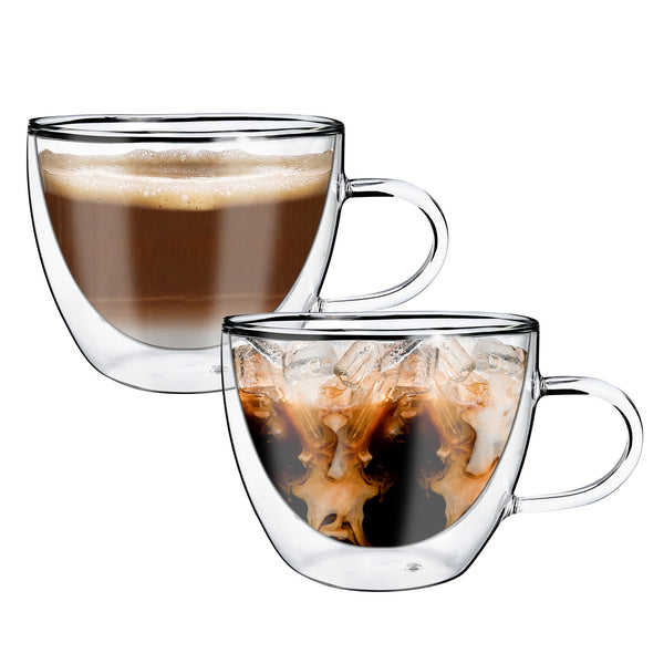 Vinsani Double Walled Coffee Drink Glasses Tea Cup Mug Heat Cold Resistant Aesthetic Clear Borosilicate Glass with Handle Cappuccino Latte Tea Dessert Hot and Cold Drinks