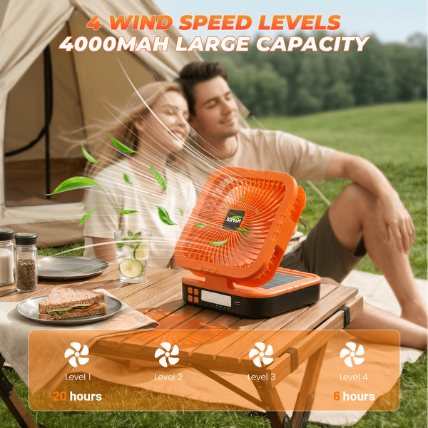 Portable Solar Camping Fan with LED Light, Rechargeable Outdoor Tent Fan, 4 Wind Speeds, Adjustable Brightness, Oscillating Fan with USB Power Bank Function, Type-C Charging