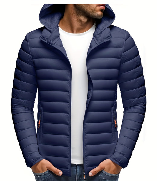 Men's Stand Collar Hooded Jacket - Warm, Windproof Thickened Coat, Detachable Hood, Solid Color Design, Thickened Nylon Fabric for Cold Weather, Casual Style, Zip Closure, Dry Clean Only, Winter Stand Collar Hooded Thickened Coat