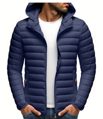 Men's Stand Collar Hooded Jacket - Warm, Windproof Thickened Coat, Detachable Hood, Solid Color Design, Thickened Nylon Fabric for Cold Weather, Casual Style, Zip Closure, Dry Clean Only, Winter Stand Collar Hooded Thickened Coat