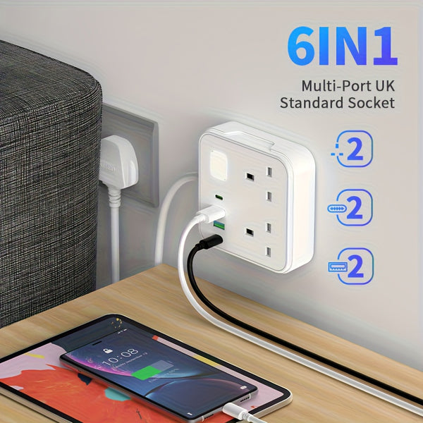6-in-1 Power Socket Surge Protector, Power Socket/power Board/power Strip, Small Night Light, 3250W, 13A, 1.8M Power Cord, Portable Power Socket, 2 AC Power Sockets, 4 USB Ports, Suitable For Home, Kitchen, Office Or Hotel Use