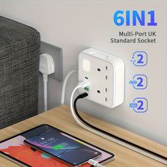6-in-1 Power Socket Surge Protector, Power Socket/power Board/power Strip, Small Night Light, 3250W, 13A, 1.8M Power Cord, Portable Power Socket, 2 AC Power Sockets, 4 USB Ports, Suitable For Home, Kitchen, Office Or Hotel Use