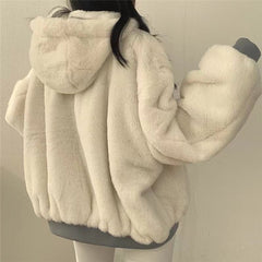 Women's Winter Double-Sided Plush Padded Jacket with Hood & Pockets - Thickened Lamb Outer Coat, Zipper Closure, Solid Color Casual Sweater for Cold Weather (No elastic fabric)