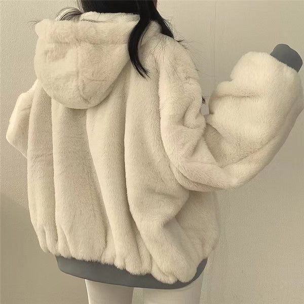 Women's Winter Double-Sided Plush Padded Jacket with Hood & Pockets - Thickened Lamb Outer Coat, Zipper Closure, Solid Color Casual Sweater for Cold Weather (No elastic fabric)