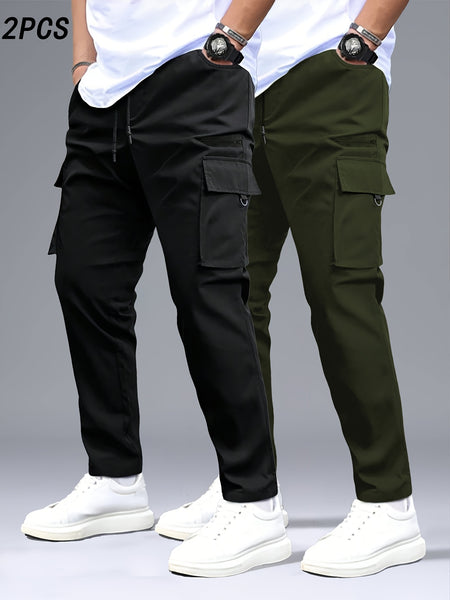 Men's 2pcs Cargo Pants with Drawstring Waist and Multiple Pockets, Suitable for Outdoor Casual Wear
