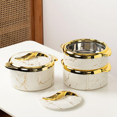Kitchen Stainless Steel Food Storage Containers 3-Piece Set, Meal Prep Containers with Handles, Marble Pattern, Serving Bowl Set with Lid, White/Black
