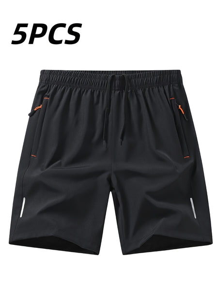 5pcs Men'S Outdoor Sports Quick-Dry Shorts, Breathable Comfort Spandex Blend with Zipper Pockets And Drawstring, Featuring Silvery Reflective Strips, Elastic Waistband, Suitable for Climbing, Tennis, Running, And Outdoor Activities
