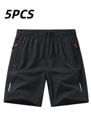 5pcs Men'S Outdoor Sports Quick-Dry Shorts, Breathable Comfort Spandex Blend with Zipper Pockets And Drawstring, Featuring Silvery Reflective Strips, Elastic Waistband, Suitable for Climbing, Tennis, Running, And Outdoor Activities