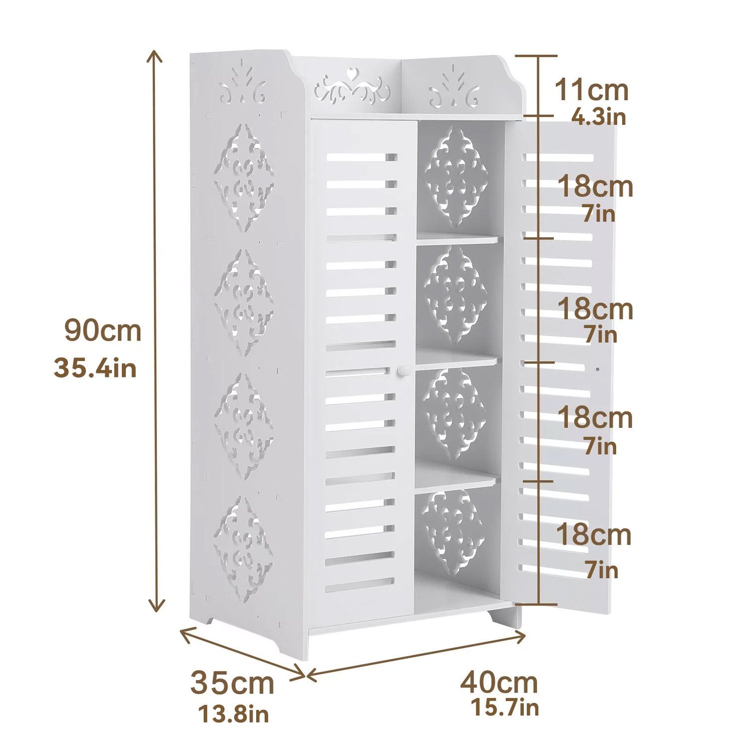 4-Tier White Modern Storage Cabinet with Double Doors - Heavy-Duty MDF/MDF-like Softwood, Shoe & Bookshelf Organizer, -Standing Furniture for Living Room, Bedroom - Space-Saving Vertical Cabinet (No Metal Parts