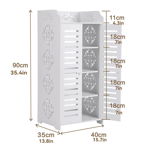 4-Tier White Modern Storage Cabinet with Double Doors - Heavy-Duty MDF/MDF-like Softwood, Shoe & Bookshelf Organizer, -Standing Furniture for Living Room, Bedroom - Space-Saving Vertical Cabinet (No Metal Parts