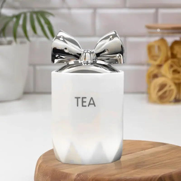 White Silver 3-Piece Marble Effect Ceramic Tea, Coffee & Sugar Canisters – 15x11cm Kitchen Storage Jars with Silver Bow Lid, Crystal Style Containers for Home Décor, Dining Table & Gift Set
