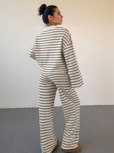 Women'S Color Matching Stripe Long Sleeve Top & Wide Leg Trousers Co-ord, Street Womenswear