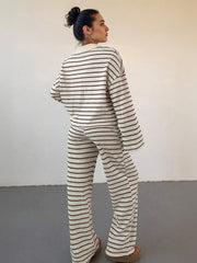 Women'S Color Matching Stripe Long Sleeve Top & Wide Leg Trousers Co-ord, Street Womenswear