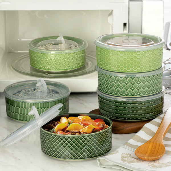 Signature Stoneware Bowls with Lids in Green, 6 Pack