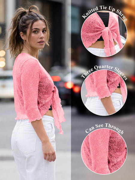 Love My Fashions Women’s Fish Net Knitted Tie Up Bolero Shrug Top Ladies 3/4 Sleeve One Size Fits All