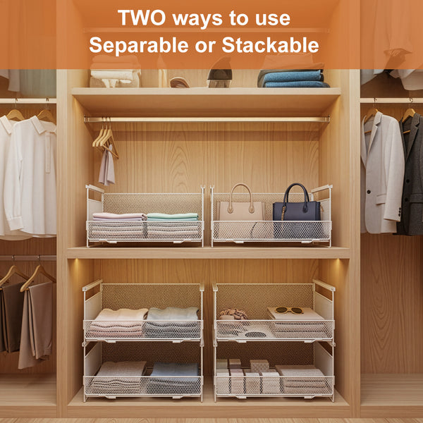 3pcs Stackable Wire Metal Frame Organizer for Wardrobe, Foldable and Stackable Metal Wire Storage Basket, Layered Pull-Out Drawer Organizer, Dormitory Storage Basket, Clothes and Clothing Basket, Partitioned Drawer Style Closet