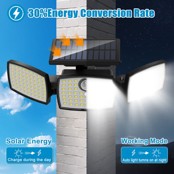 1/ 2pcs Solar Outdoor Lights, 358LED Security Lights with Remote Control, 3 Heads Motion Sensor Lights, IP65 Waterproof, 270° Wide Angle Flood Wall Lights with 3 Modes