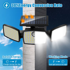 1/ 2pcs Solar Outdoor Lights, 358LED Security Lights with Remote Control, 3 Heads Motion Sensor Lights, IP65 Waterproof, 270° Wide Angle Flood Wall Lights with 3 Modes
