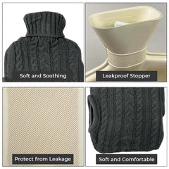 2L Hot Water Bottle with Built in Pockets & Knitted Cover Bag - Natural Rubber, Hot Water Bag for Hot and Cold Compress, Neck and Shoulder Pain – Hand Feet Warmer