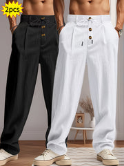 2pcs Men'S Linen Solid Color British Business Casual Straight Leg Pants with Drawstring Elastic Waistband And Button Design Casual Long Trousers Suitable for Outdoor Travel Fitness Exercise And Daily Wear Casual Outdoor Pants Linen Long Pants Lightw