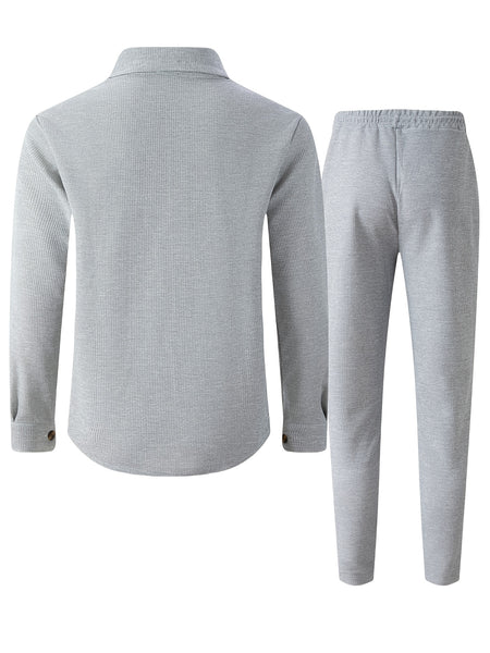 Men's Two-Piece Set, Autumn-Winter Casual Fashion Beach Dual Pocket Turn Collar Long Sleeve Shirt + Trousers Outfit for Fall/Winter Hawaiian Vacation