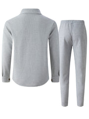 Men's Two-Piece Set, Autumn-Winter Casual Fashion Beach Dual Pocket Turn Collar Long Sleeve Shirt + Trousers Outfit for Fall/Winter Hawaiian Vacation