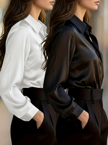 Ladies' 2pcs Top Set: High-end Solid Color Long-sleeve Shirt with Lapel, Simple and Fashionable Design, Light Luxury Commuting Top That Exudes Elegance and Professionalism. Suitable for Various Occasions Such as the Workplace, Dates, and Daily Wear