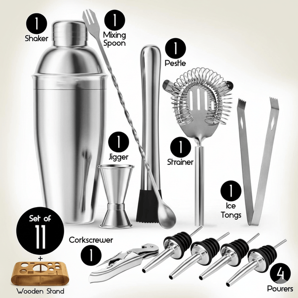Tanness 12 Piece Cocktail Shaker Set - Stainless Steel Cocktail Accessories - Bartender Kit with Drink Shaker, Jigger, Spoon, Strainer, Corkscrew, Ice Tongs, Pestle, Pourers, Bamboo Display Stand