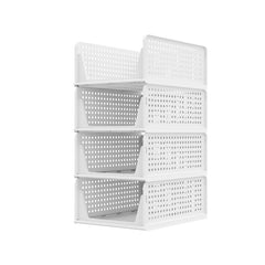 Set of 4 Stackable Foldable Wardrobe Storage Box Organizer, Plastic White Wardrobe Shelves Closet Organiser Box, Pull Out Like a Drawer, Suitable for Home, Bedroom, Kitchen (Easy Open and Folding)