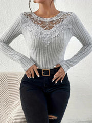 Women'S Elegant Long Sleeve Blouse - Slim Fit Crew Neck Top with Lace-like Mesh Panel, Chic Office to Party Shirt for Fall, Non-See-Through Formal & Everyday Outfits - Women'S Clothing, Ladies Shirts And Tops, Casual Wear, Sophisticated Casual, Nontranspa