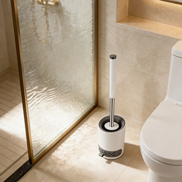 Soft Bristle Toilet Brush Bracket Set, Round Bathroom Toilet Cleaning Brush, Modern Design Deep Cleaning Toilet Brush, Sturdy Long Handle, Quick-drying Toilet Brush Set, White