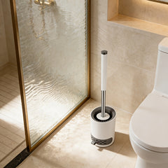 Soft Bristle Toilet Brush Bracket Set, Round Bathroom Toilet Cleaning Brush, Modern Design Deep Cleaning Toilet Brush, Sturdy Long Handle, Quick-drying Toilet Brush Set, White