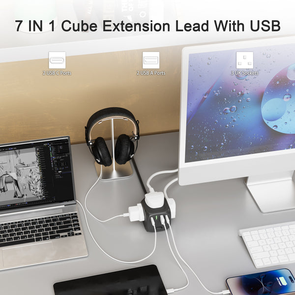 P34-UK HULKER Extension Lead with USB Slots 13A Power Strips 3 Way 4 USB Ports Surge Protector Smart Extension Lead UK Power Strips with 1.5m Bold Extension Cord 13A 3250W