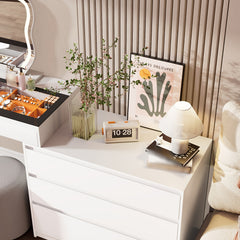 Corner Vanity Desk With Mirror And LED Lights - White Makeup Vanity Table With Clear Glass Top Jewelry Storage Rack And 5 Drawers