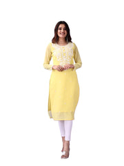 Estationeryhouse Women's Georgette Lucknowi chikankari kurti, Rose Design with Heavy Embroidery, Without Bottom