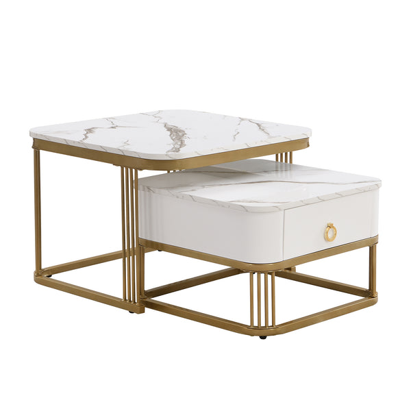 Modern Pedestal Base Space Saving Coffee Table Set of Two, Engineered Wood and Artificial Board Construction, Hardwood, Black Finish, High Gloss Stone Table Top, Metal Golden Accents, with Drawer, Without Electricity, Battery Free.