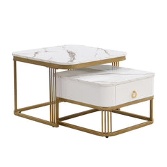 Modern Pedestal Base Space Saving Coffee Table Set of Two, Engineered Wood and Artificial Board Construction, Hardwood, Black Finish, High Gloss Stone Table Top, Metal Golden Accents, with Drawer, Without Electricity, Battery Free.