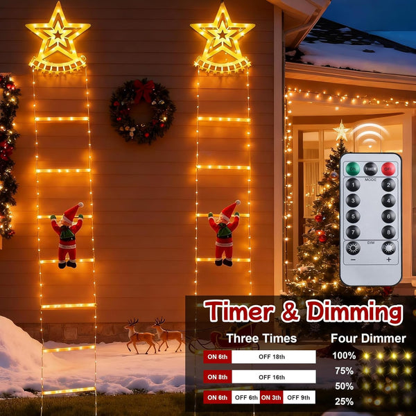 Fohil 9.8FT Christmas Ladder Lights with Top Star & Climbing Santa, Waterproof Outdoor Christmas Lights 8 Lighting Modes, Outdoor Christmas Decorations for Window Garden Wall Tree Xmas Decor